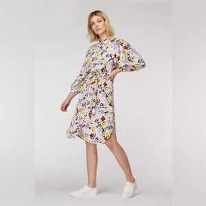 Gorman Multicolor Abstract Colorful  Long Sleeve Midi Collared Dress Blue Pink